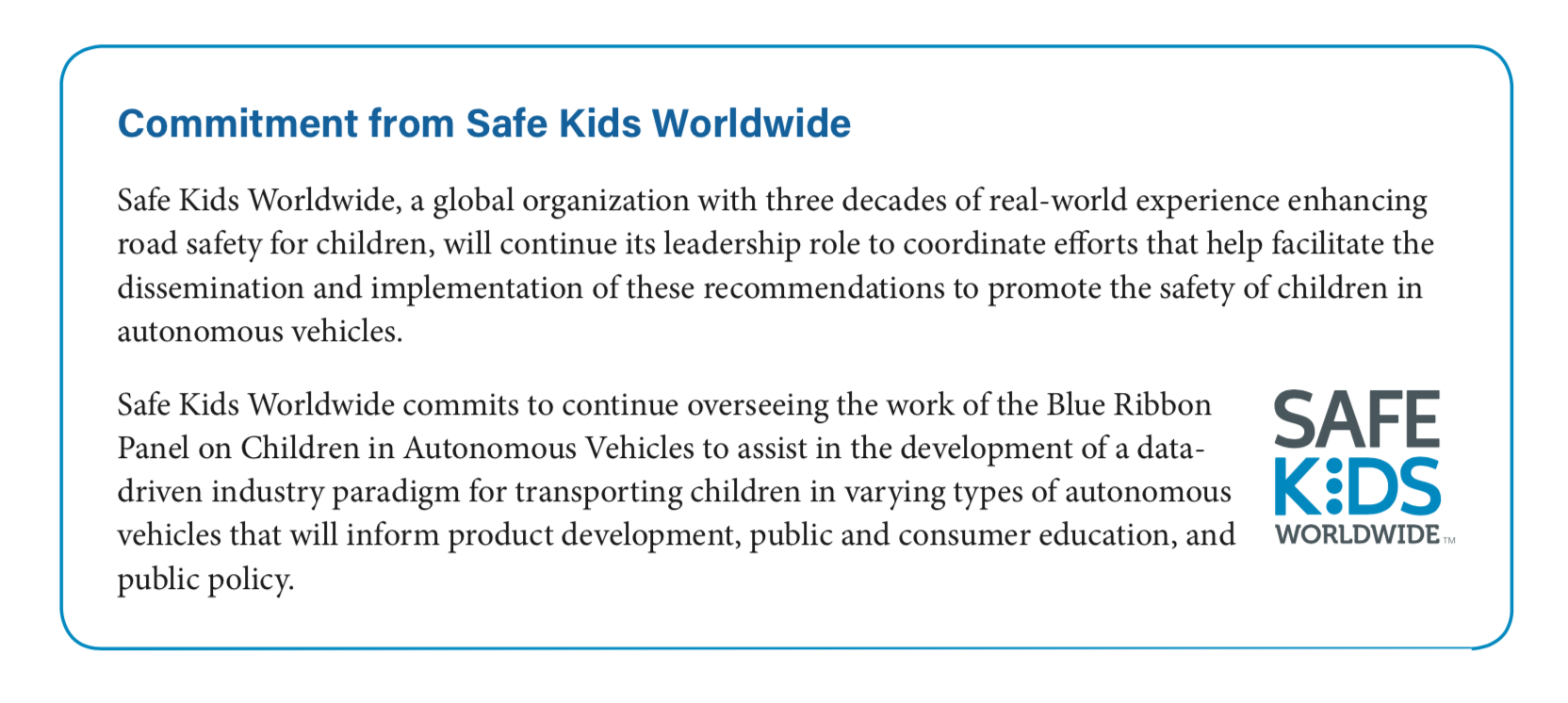 Safe Kids Worldwide Commitment to Children in Autonomous Vehicles