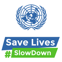 The UN logo and the slogan Safe Lives, Slow Down