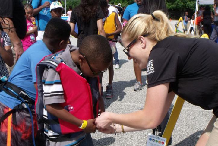 Life jacket fittings at the water safety station.