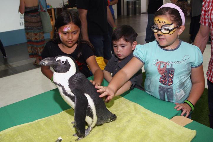 Kids interact with a penguin at Safe Kids Day 2016