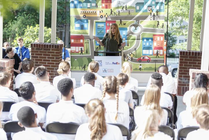 Safe Kids&#039; Kristin Rosenthal at the Safe School Zone ribbon cutting at Inman Middle School GM Detroit Check-Up Event | Global Road Safety Week 2017